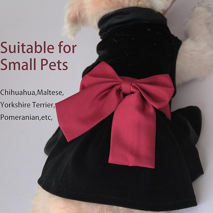 Pet Dresses for Small Dogs Cats Girl, Cute Princess Bowknot Dress Puppy Shirt All Weather Skirt Clothes Cat Apparel for Birthday Wedding Party Holiday (Small, Velvet Black)