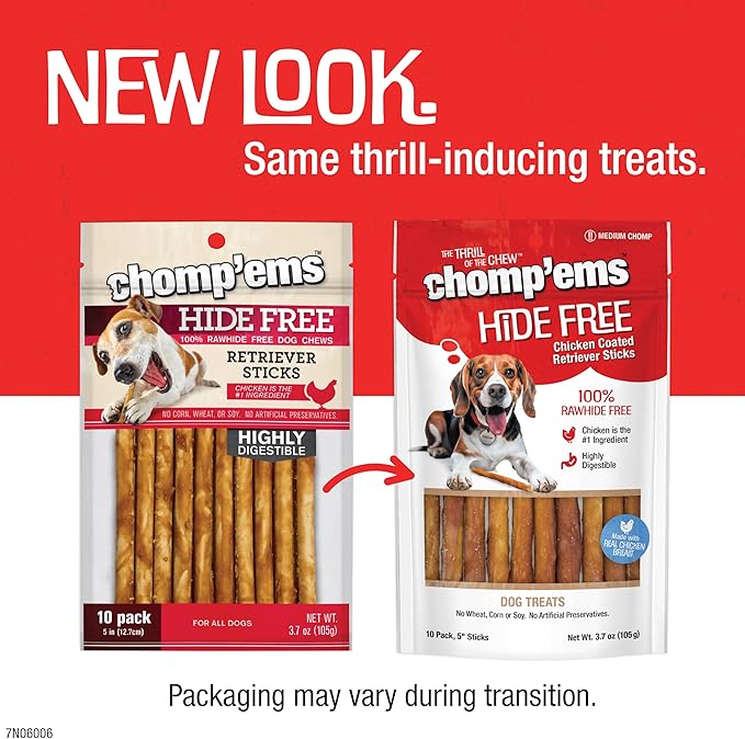 CHOMP 'EMS Chicken Hide Free Dog Chews - Rawhide Free Dog Treats - No Hide Alternative Chew Treat for All Life Stages, Stick, 5in, 10 Count