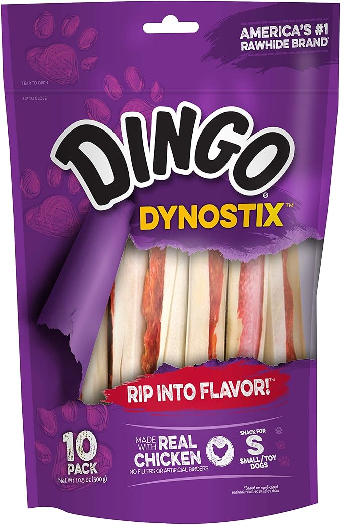 Dingo DynoStix 10 Count, Rawhide Sticks For Small Dogs, Made With Real Chicken, Pack of 6
