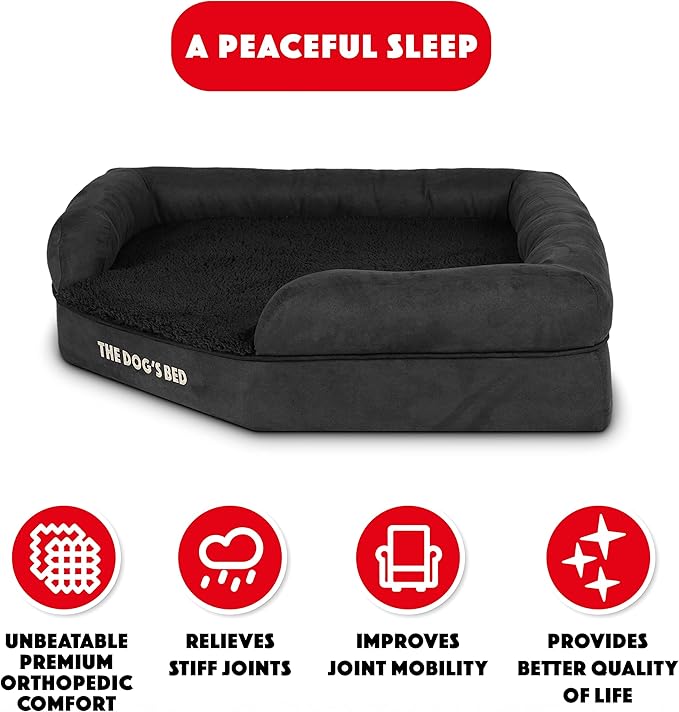 The Dog’s Bed Orthopedic Memory Foam Corner Dog Bed, Calming Surface – CertiPUR-Certified Foam, Plush Fabric, Black Plush, Large