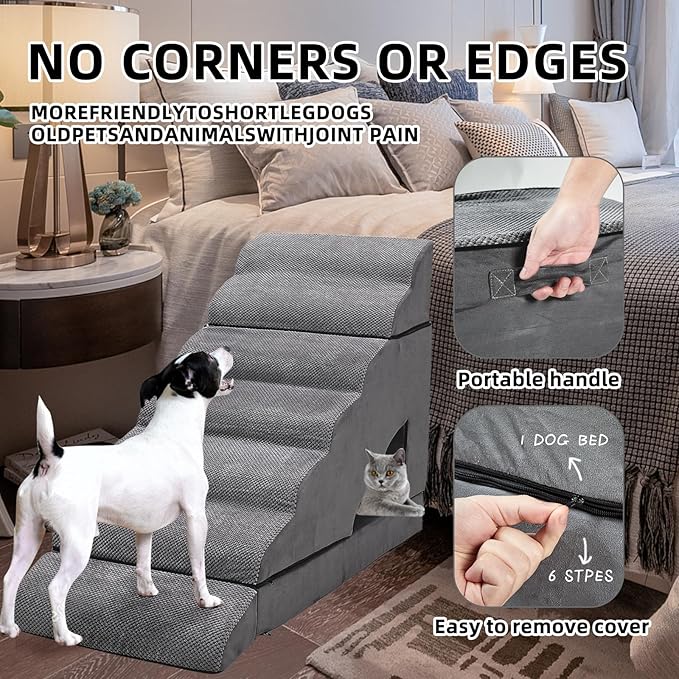 7-Step Dog Stairs for High Beds 30-36 inches, Dog Steps for High Bed Couch, Tall pet Stairs for high beds for Small, Older Pets, Non-Slip Balanced Pet Ramp Indoor, Grey