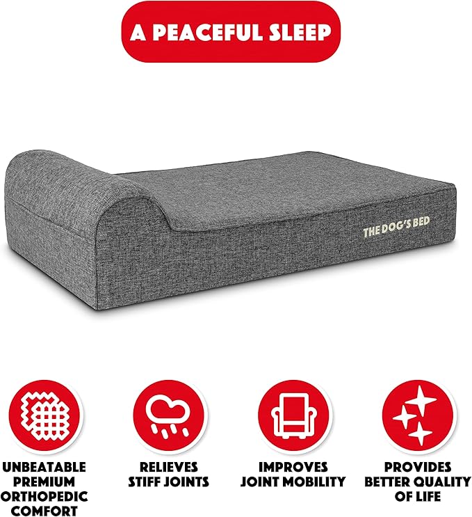 The Dog’s Bed Orthopedic Memory Foam Dog Bed with Headrest, Calming Surface – CertiPUR-Certified Foam, Linen Fabric, Grey Linen, Large, 6-Inch