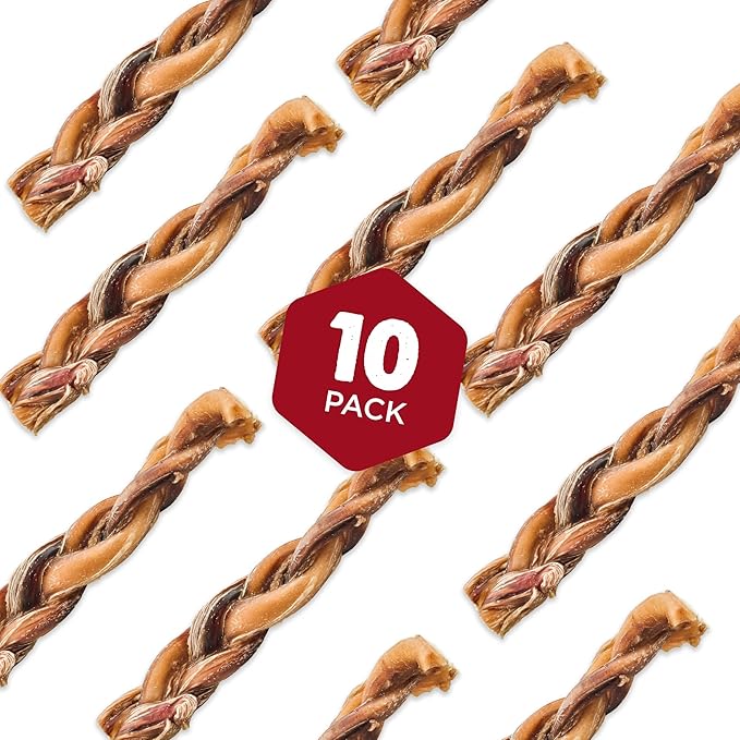 Best Bully Sticks Natural Braided Bully Sticks for Large Dogs - 6 Inch, 10 Count (Pack of 1) - 100% Free-Range Grass-Fed Beef, Single-Ingredient, Grain and Rawhide Free Long Lasting Dog Chews