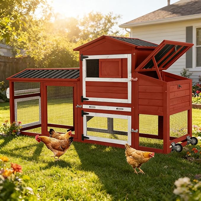 Aivituvin Chicken Coop with Run and Wheels, Mobile Outdoor Hen House Wooden Poultry Cage with Waterproof Roof (Red, AIR61)