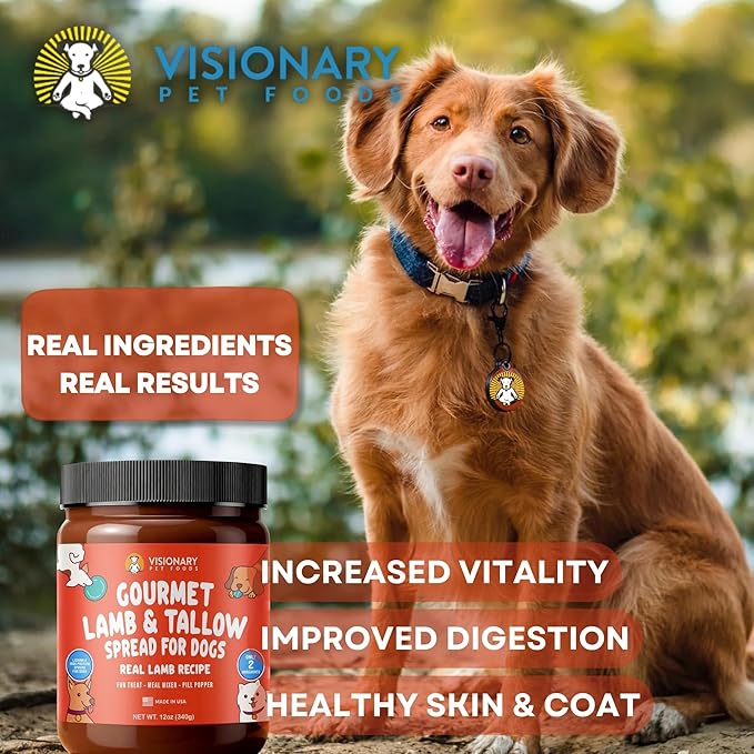 Visionary Pet Foods Lamb and Tallow Meat Spread - Healthy Dog Treat - Alternative to Dog Peanut Butter, Xylitol Free, No Sugar and Filler Free - Use on Lick Mat, Food Mixer, Pill Pockets - 12oz Jar