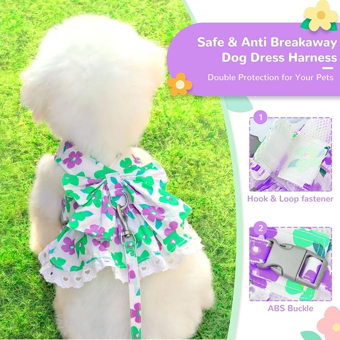 ABRRLO Dog Harness Dress Leash Set for Small Dog Summer Clothes Girl Female Puppy Cats Outfits Cute Floral Bowknot Princess Birthday Dress for Extra Small Pet Doggie Kitten Outfits Apparel(Green,M)