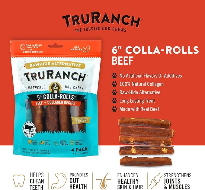 TRURANCH Collagen Rolls - 6" Collagen Rolls for Dogs - Long Lasting Healthy Joint Support - Rawhide Alternative - Skin & Coat Health - Made with Real Beef, Value Pack, 15 Bags, 60 Count