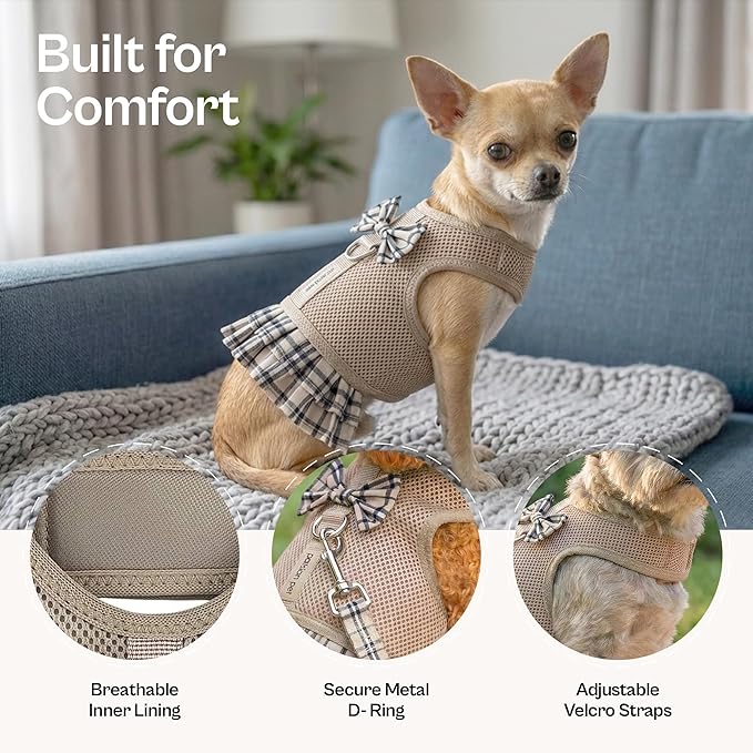 Parisian Pet Plaid Khaki Dog Harness Dress - Breathable No Pull Puppy Dress with Leash Ring - 100% Mesh Fabric Harnesses for Dogs - Soft Padded Step in Pet Vest - Dog Harness for Large Sized Dogs