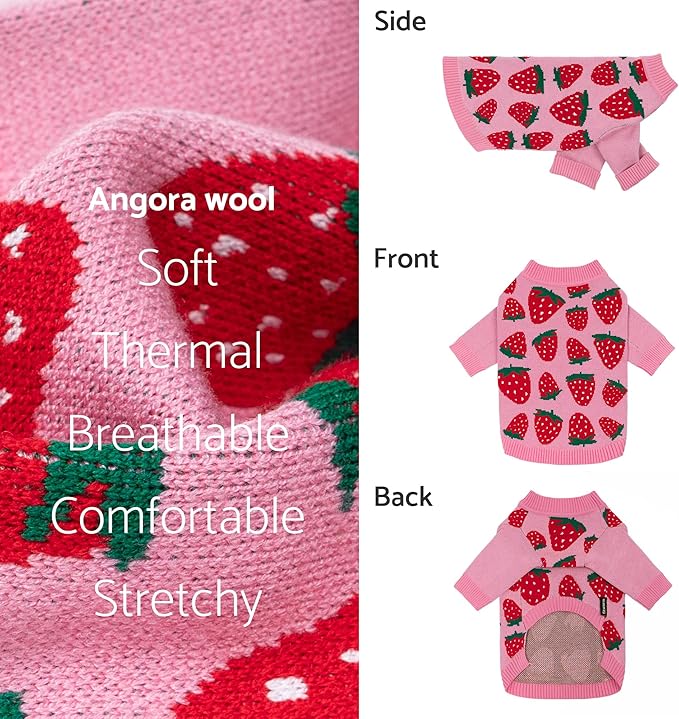 Fitwarm Adorable Strawberry Dog Sweater, Thermal Dog Winter Clothes for Small Dogs Girl, Pet Outfit, Pink, Red, White, Green, Large