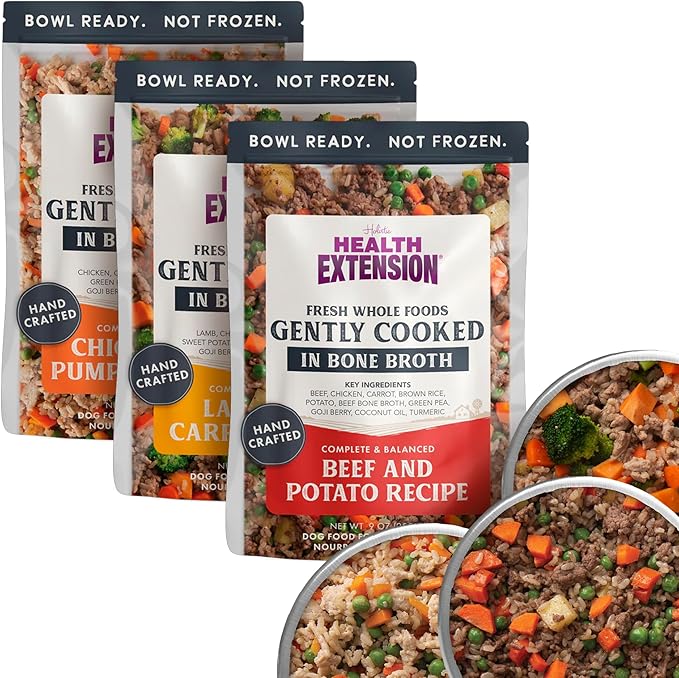 Health Extension Gently Cooked Dog Food Variety Pack – Chicken & Pumpkin, Beef & Potato, Lamb & Carrot – 9 oz Each – Human-Grade Superfood Meals for Digestion, Immunity & Coat Health (Pack of 3)