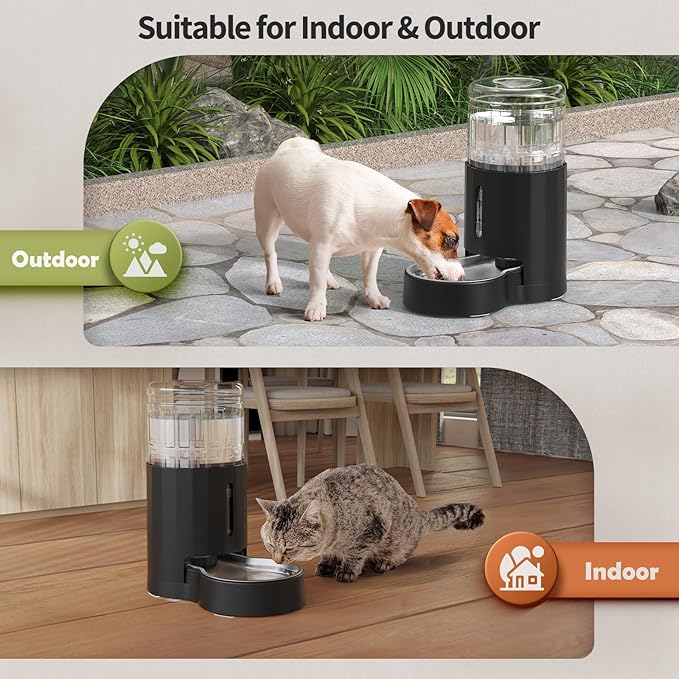 JUNSPOW Cat Water Dispenser with Filter and Stainless Steel Bowl, Automatic Gravity Water Dispenser for Cats or Small Medium Size Dogs, Large Capacity, Easy to Clean and Safe for Pets (4L Black)
