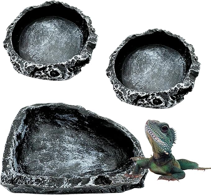 Reptile Water Dish Food Bowl, 3 Pack Reptile Feeding Bowls for Bearded Dragon Lizard Frog Gecko Tortoise Hermit Crab Snail (Black)