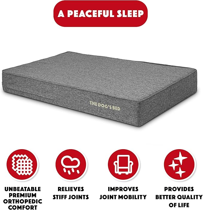 The Dog’s Bed Orthopedic Memory Foam Dog Bed for XL Dogs, Waterproof Washable Cover, Anti-Slip Base, Calming Surface – CertiPUR-Certified Foam, Grey Linen, 6 Inch Thick