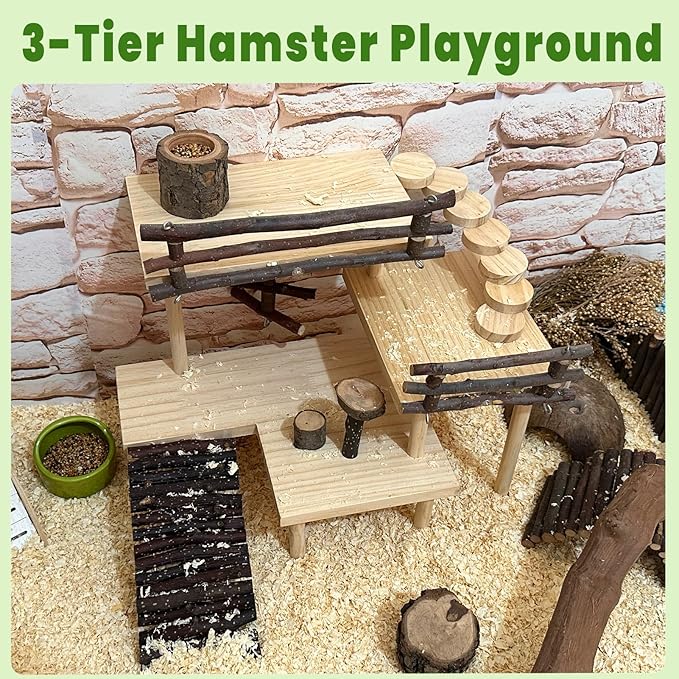 3-Tier Extra Large Wooden Hamster Playground Hamster Climbing Toys Gerbil Platform Small Animals Exercise Activity Set with Ladder for Dwarf Hamsters Mouse Gerbils Rats