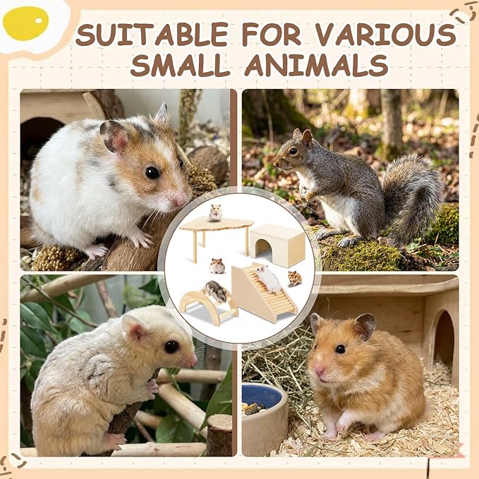 BreezeHug 4 Pcs Hamster Platform Hideout Wooden Tunnel Ladder Playhouse Hamster Game Climbing Toy with Platform Cage Accessories for Small Pets Dwarf Syrian Mice Degus Gerbils Squirrel(Log Cabin)