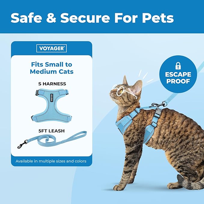 Voyager Escape-Proof Step-in Lock Cat Harness & 5ft Neoprene-Handle Leash Set All-Weather Mesh with Reflective Stitching for Small to Large Cats by Best Pet Supplies, Baby Blue (327), S