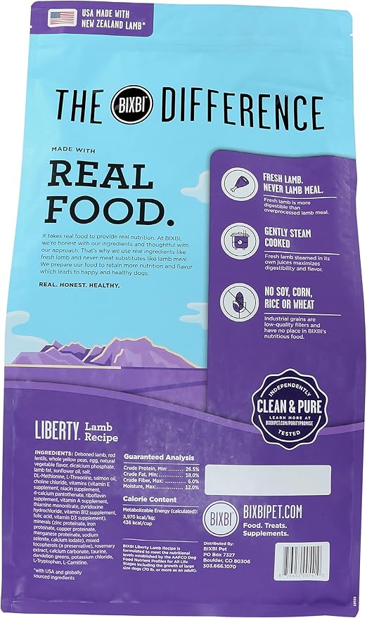 BIXBI Liberty Grain-Free Dry Dog Food, Lamb Recipe – Fresh Meat, High Protein, No Meat Meals – USA Made, 11 lbs