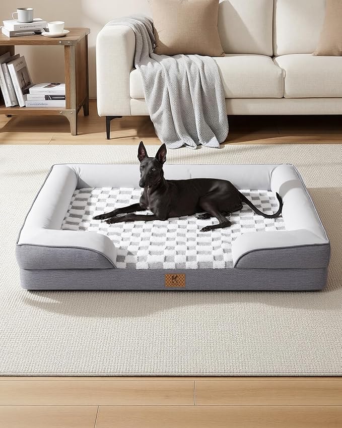 KSIIA Waterproof Dog Bed Orthopedic for XL Senior Dog Couch with Sides, Extra Thick Supportive Pet Bed Sofa with Soft Plush Cover and Non-Slip Bottom, 48 x 35 Inch, Grey