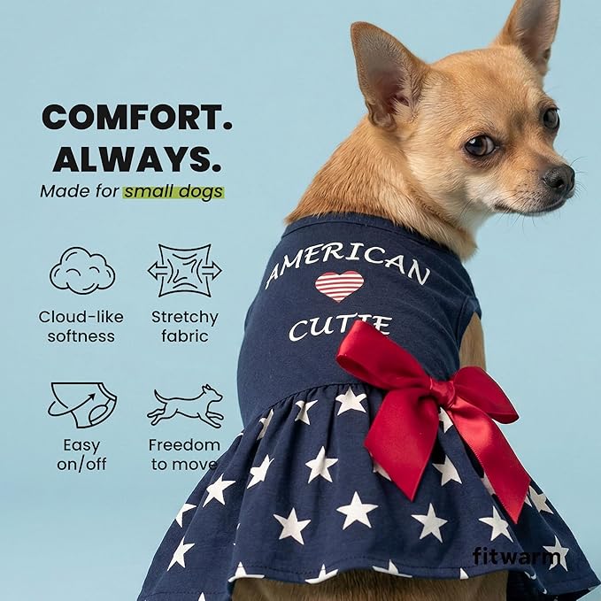 Fitwarm 100% Cotton 4th of July American Cutie Dog Clothes Memorial Day Dog Outfits Patriotic Dresses Doggie Dress Pet Cat Apparel Blue Large