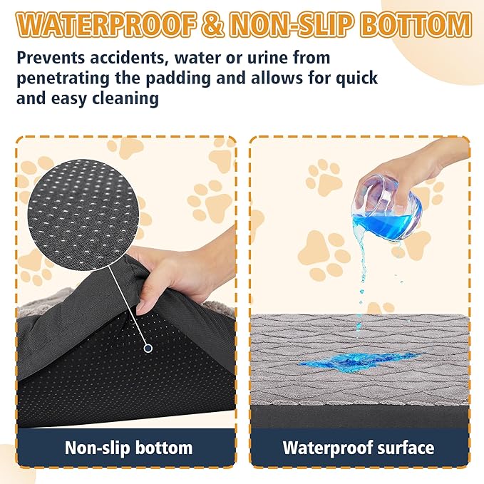 Orthopedic Dog Crate Bed – Waterproof Plush Pet Mattress with Removable Washable Cover, Non-Slip Bottom, Big Memory Foam Dog Bed for Crate, 36x27 Inch, Grey