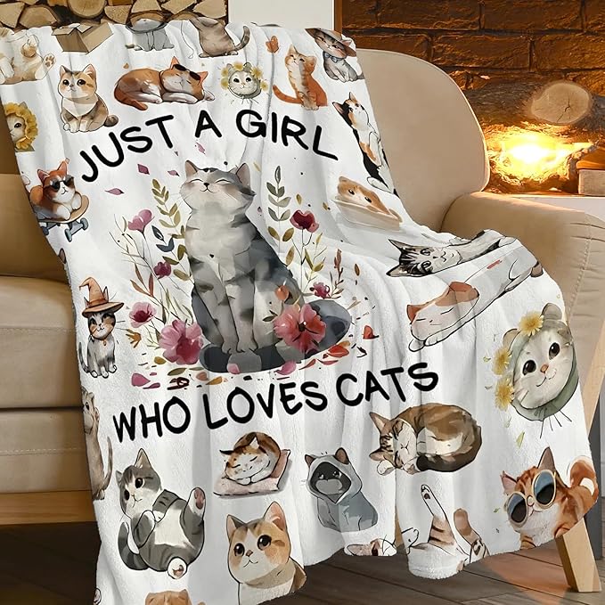 SweetFox Just A Girl Who Loves Cats Blanket, Cute Cat Decor Throw Blanket Gifts for Girls Boys Lovers Super Warm Soft Plush Fleece Flannel Winter Bedding Blankets for Kids Adults Men Women 50"X40"