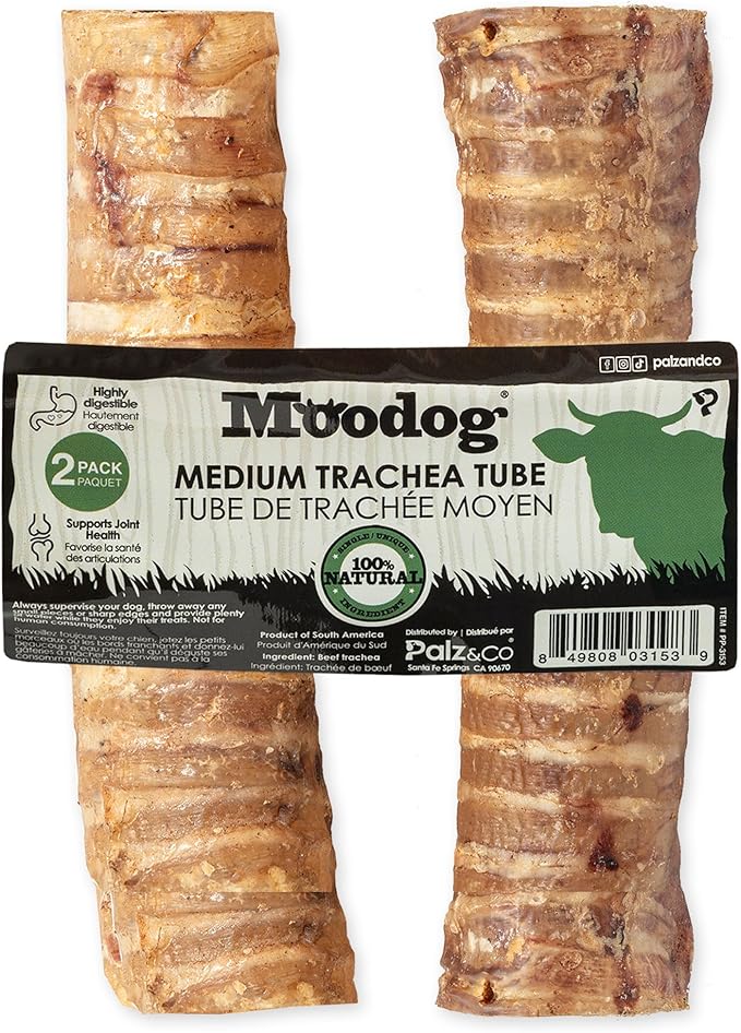 Palz&Co Moodog 6" Beef Trachea Tubes for Dogs - Natural Grass-Fed Chews with Glucosamine & Chondroitin, Supports Joints & Dental Health, 2-Pack