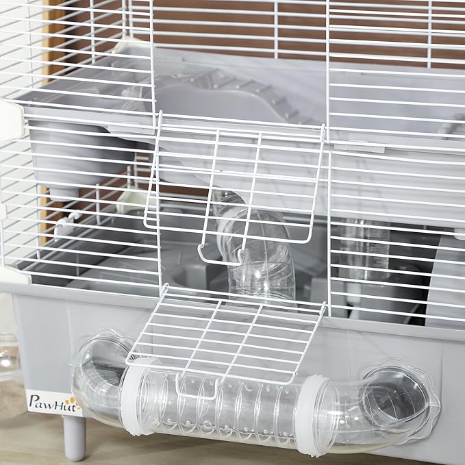 PawHut 2-Tier Hamster Cage, Small Animal Cage with Running Wheel, Tubes, Sand Bathroom, Water Bottle, Hamster Habitat with Accessories, 17.5" x 11" x 17", Gray