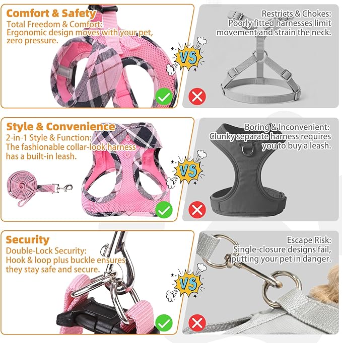 KOOLTAIL Small Dog Harness and Leash Set, Cute Pink Girl Puppy Harness, Step in No Pull Soft Mesh Pet Vest Harness Collar for Small Size Dogs Cats, Plaid Dog Halters for Outdoor Walking, Pink S