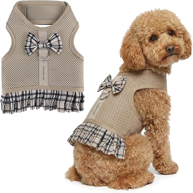 Parisian Pet Plaid Khaki Dog Harness Dress - Breathable No Pull Puppy Dress with Leash Ring - 100% Mesh Fabric Harnesses for Dogs - Soft Padded Step in Pet Vest - Dog Harness for Large Sized Dogs