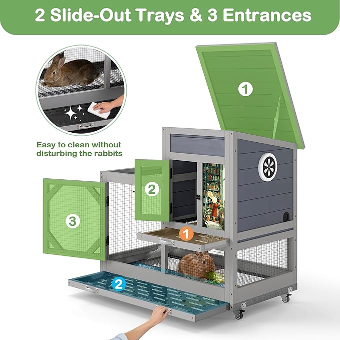 COZIWOW Rabbit Hutch Indoor Outdoor with No-Spill Design, 2 Wire Floors & Removable Trays, 2-Story Large Wooden Bunny Cage on Wheels, Chewproof Ramp for Multiple Small Animals, Gray