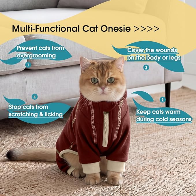 ROZKITCH Cat Cover to Stop Overgrooming, Cat Body Suit Long Leg Cover Back Legs Anti Scratch Clothing Onesie Pants Hairless Cat Pajamas Brown XL