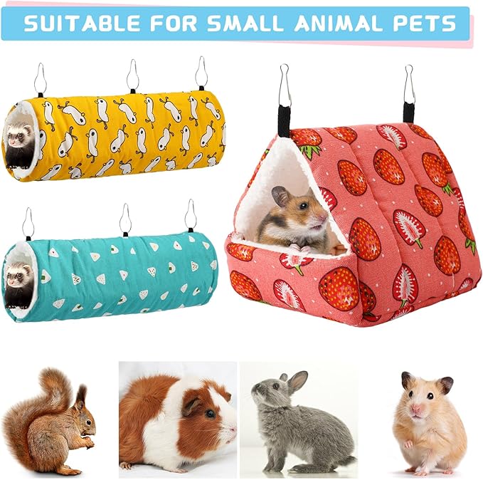 Abbylike 9 Pieces Rat Guinea Pig Hanging Hammock Ferret Cage Accessories Small Pet Hideout Tunnel Cave Hanging Hammock Hamster Toy Accessories for Ferret Hamster Chinchilla(Strawberry)