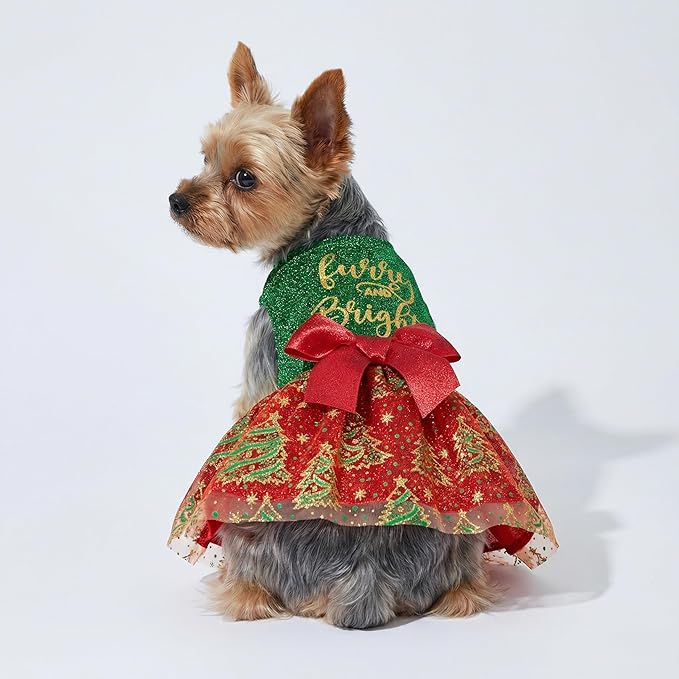 Fitwarm Furry & Bright Dog Christmas Outfit, Sparkly Pet Holiday Tulle Dress, Small Dog Winter Clothes for Girls, Christmas Tree Outfit - Red, Green, Gold; Sizes: Large