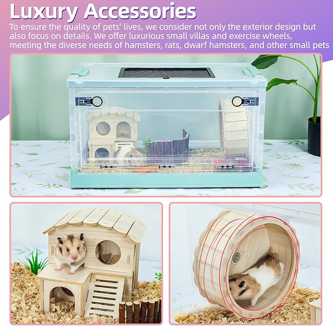 Hamsters Cage Large, Foldable Portable 360° Viewing Ventilated Cages with Villas, Exercise Wheels, for Hamsters, Rats, Dwarf Hamsters, Gerbils, Guinea Pigs Blue 16" L x 12" W x 9.5" H