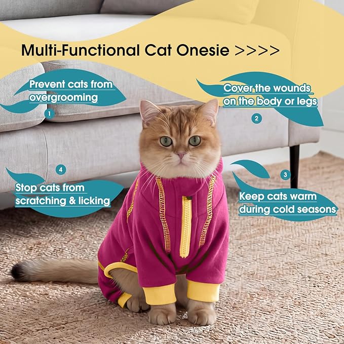 ROZKITCH Cat Overgrooming Suit, Allergy Suit Soft Cat Fleece Coat Turtleneck Keep Pet Warm During Cold Days Comfortable for Indoor use Body Suit Rosered 2XL