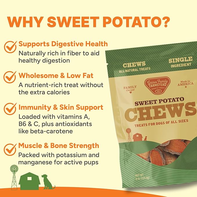 Gaines Family Farmstead Sweet Potato Chews for Dogs, 8 oz Bag – Single Ingredient Sweet Potato Dog Treats, High Fiber, Grain-Free, Rawhide Alternative, Vitamin-Rich, Made in The USA