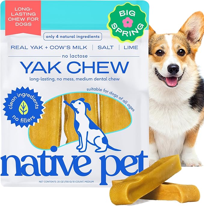 Native Pet Yak Cheese Himalayan Dog Chews - Long Lasting Dental Sticks for Medium Breeds – 100% All Natural Himalayan Yak Chews for Medium Dogs – Cheese Bone for Aggressive Chewers - 10 Per Pack