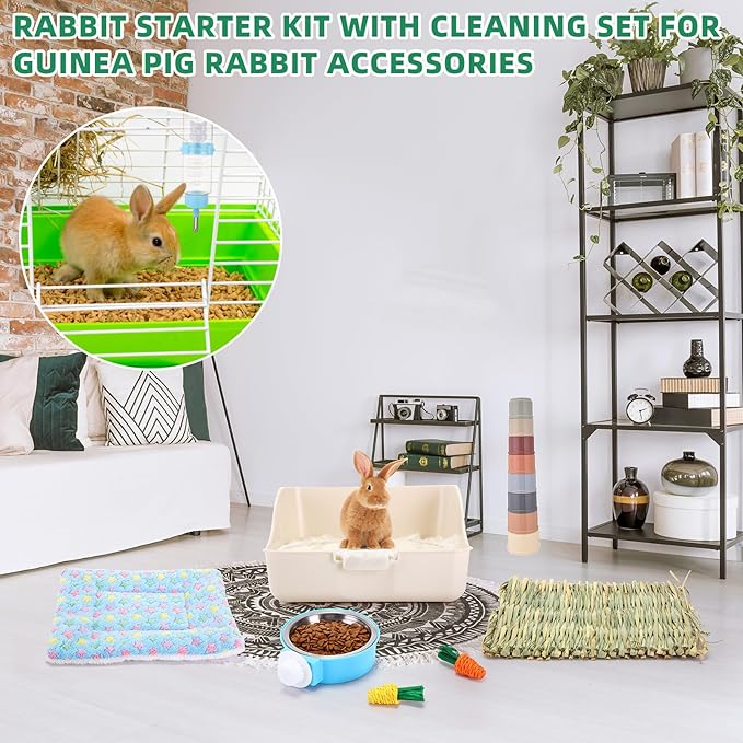 34 Pcs Rabbit Starter Kit Rabbit Litter Box Small Animal Water Bottle Stacking Cups Bunny Tunnels Animal Grooming Kit Bowl Blanket with Cleaning Set for Guinea Pig Bunny Accessories(Blue)