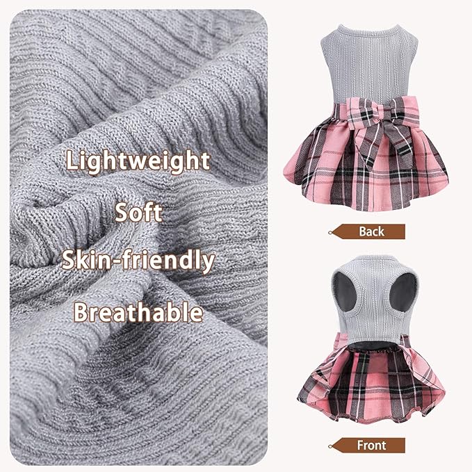 PUPTECK Classic Plaid Dog Dress Pet Apparel with Cute Bowtie Puppy Clothes Outfit,Grey,M