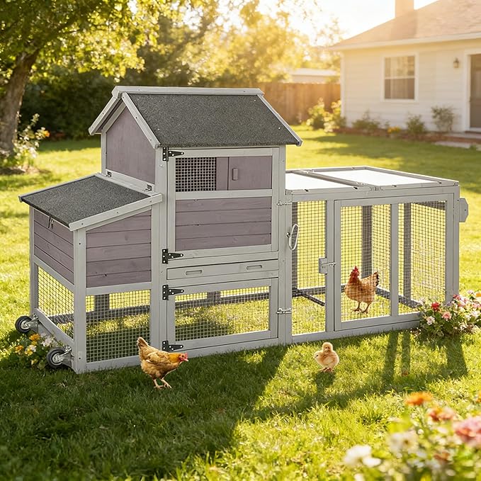 Aivituvin Chicken Coop Outdoor Hen House Wooden Poultry Cage with Wheels,UV Panel,Nest Box, Expandable Coop (Grey, AIR27)