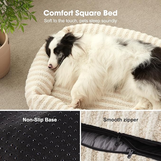 MIXJOY Dog Bed Large Size, Washable Large Dog Beds with Removable Cover, Rectangle Pet Beds for Big Dogs, Soft Warming Calming Pet Bed with Non-Slip Bottom, 36"x27"x8", White