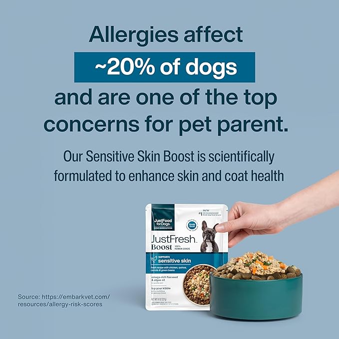 JustFoodForDogs JustFresh Boost Sensitive Skin Dog Food Toppers for Immune Support and Healthy Coat, Human-Grade Fresh Pet Meal Booster, 8 oz Pouches - 8 Pack