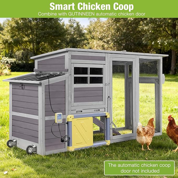 GUTINNEEN Chicken Coop with Wheels, Lagre Hen House with Run, Portable Chicken Cage with Nesting Box, Waterproof Roof and Metal Tray for 4-6 Chickens,Mobile Chicken Tractor, 74.9" L