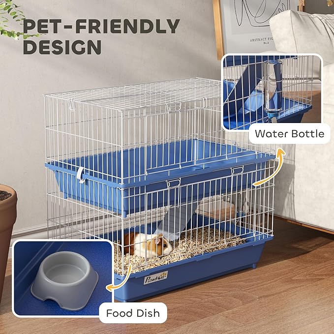 PawHut 2-Tier Guinea Pig Cage, Ferret Cage, Chinchilla Cage, Small Animal Cage Indoor with Dish and Bottle, 2 Doors, Deep Bottoms, Ramp, 28", Blue