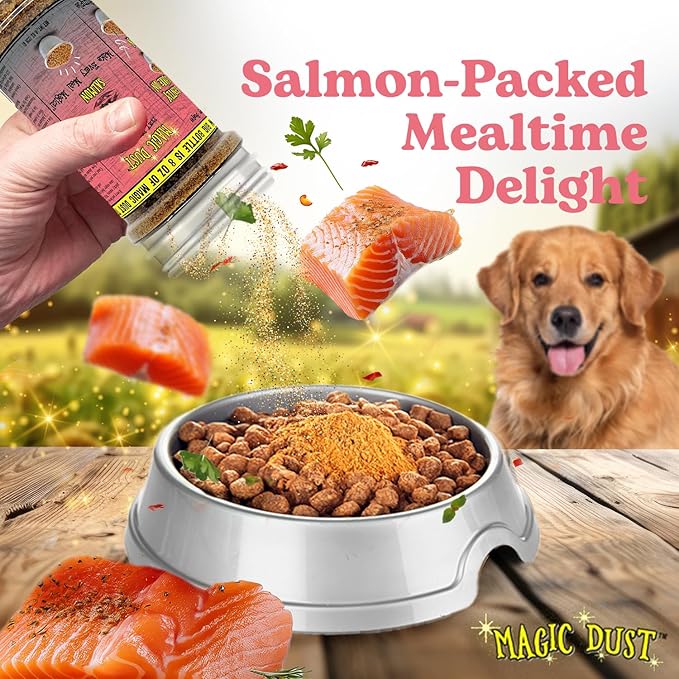 Wild Meadow Farms - Magic Dust Salmon Jerky Topper, Single Protein Pet Food Topper for Dogs & Cats, Enhance Flavor & Elevate Mealtime Excitement for Picky Eaters - 8 Ounce Bottle in Salmon Flavor
