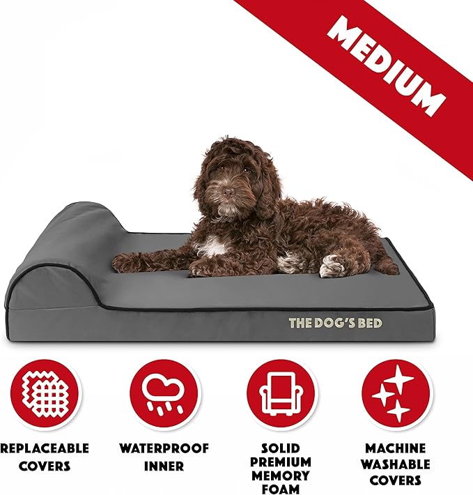 The Dog’s Bed Orthopedic Memory Foam Dog Bed with Headrest, Calming Surface – CertiPUR-Certified Foam, Oxford Fabric,Grey with Black Trim, Medium, 3-Inch