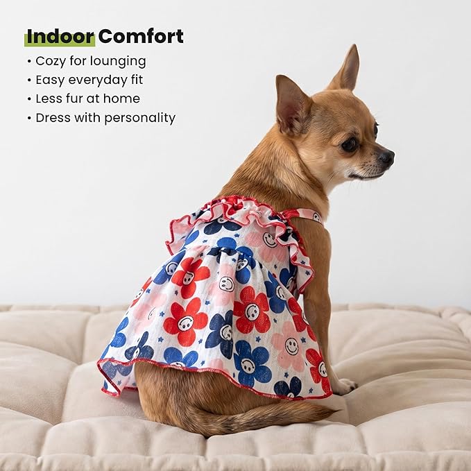 Fitwarm Patriotic Floral Smiley Face Dog Dress, 4th of July Outfit for Small Dogs Girl, Festive Pet Clothes, Red, White, Blue, Pink, XS