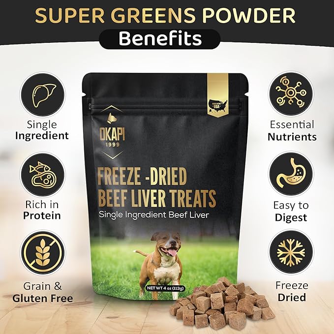 Okapi Freeze-Dried Beef Liver Dog Treats – 100% Single Ingredient, High-Protein Training Treats, Grain-Free, Made in USA + 1 Bonus Poop Bag Roll (20 Bags)