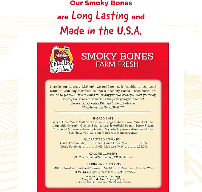 Country Kitchen Smoky Bones Peanut Butter Flavored Dog Treats, Long Lasting, Easy to Digest, Made in USA, 7 Count