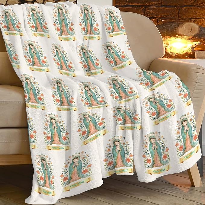 Cute Cartoon Virgin Mary Throw Blanket Gifts for Kids Girls Boys Adults Soft Cozy Plush Fluffy Fuzzy Fleece Blanket Decor 60''X80''